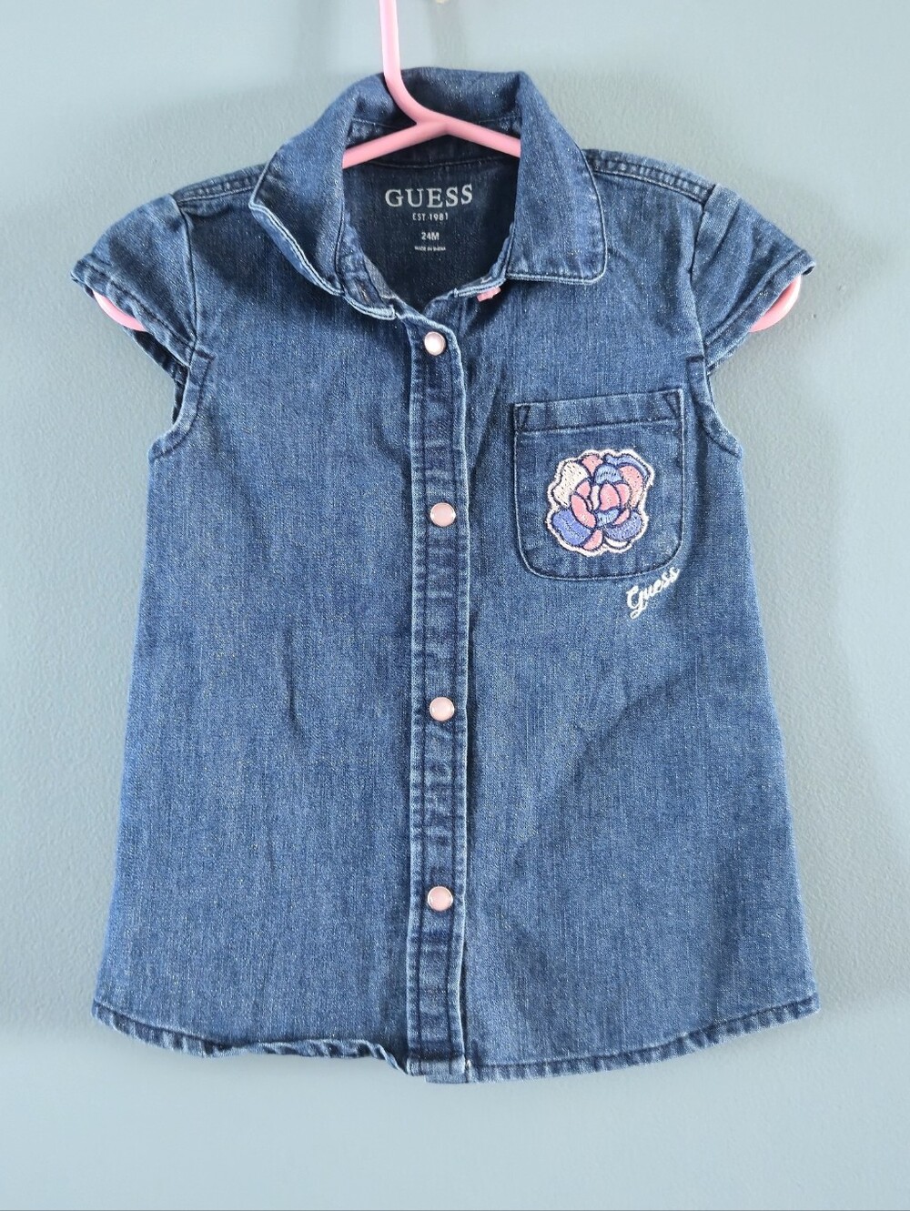 GUESS Girls' Sparkly Denim Dress with Floral Pocket 24m
